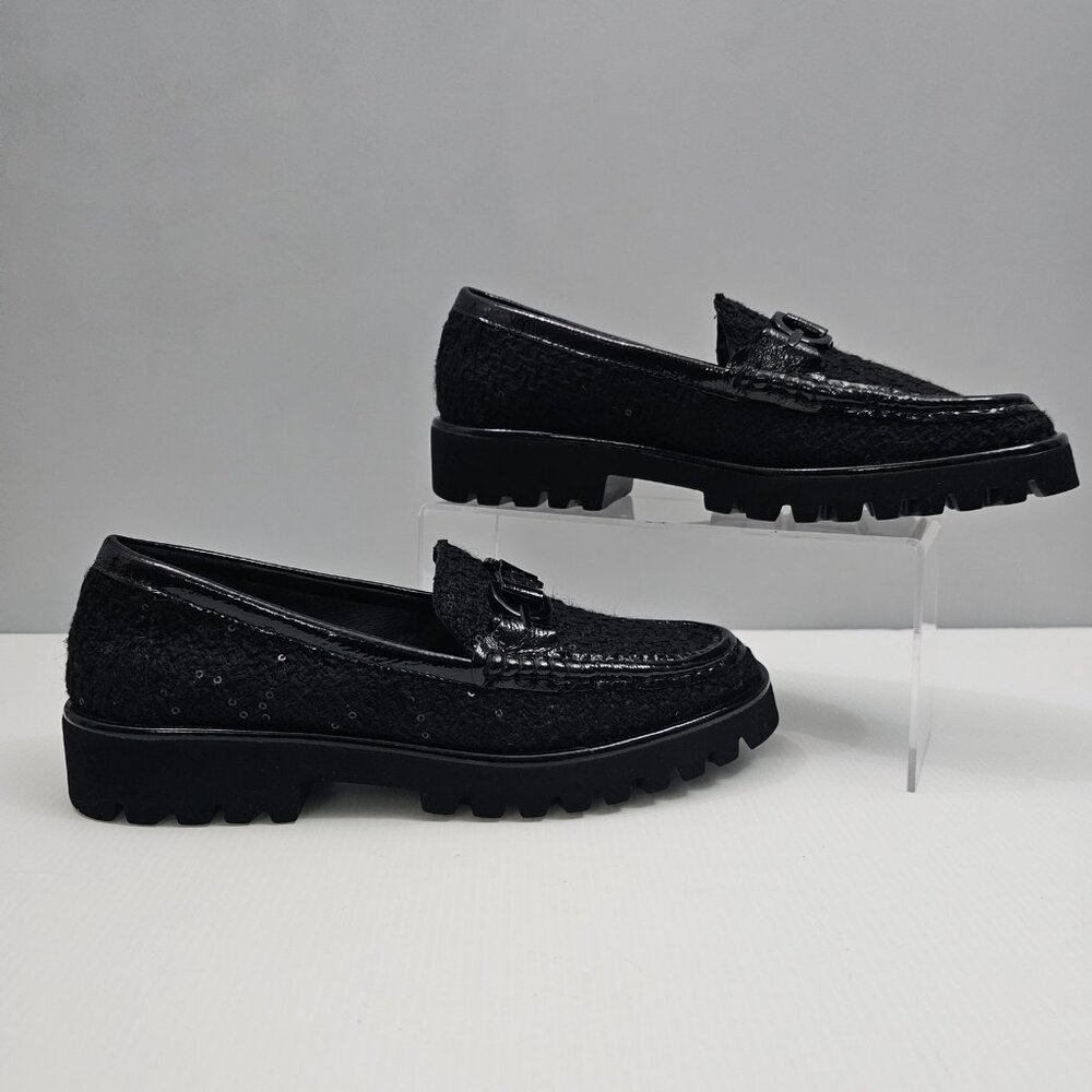 Donald Pliner Helio Lug Sole Loafer Womens 9 Black Boucle Sequined Platform NEW - Picture 3 of 14